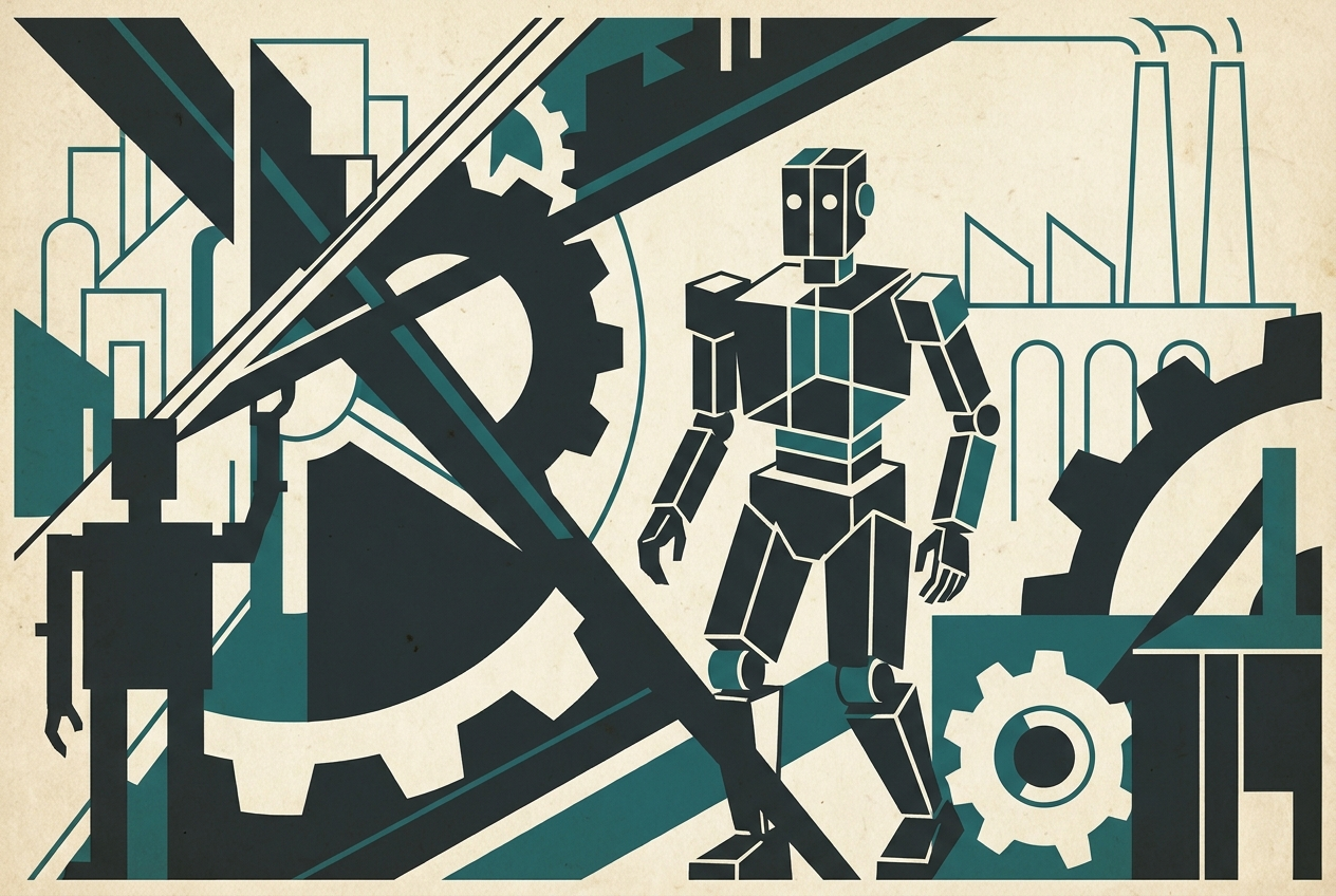 Constructivist illustration of robots and machinery, inspired by Karel Čapek's 1920 play R.U.R.